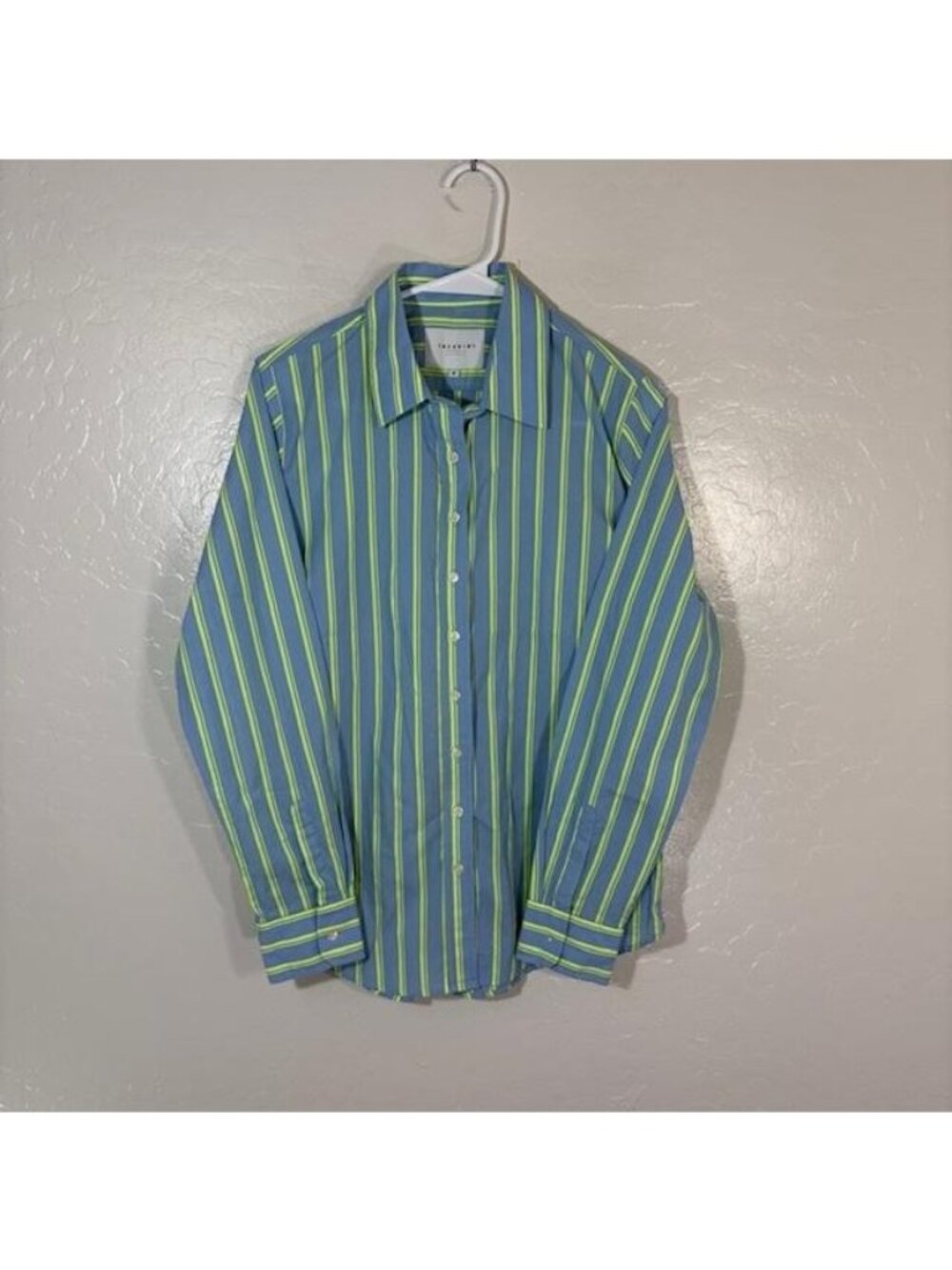 THESHIRT Rochelle Behrens Shirt Womens Medium Blue Green Stripe Button Up Top